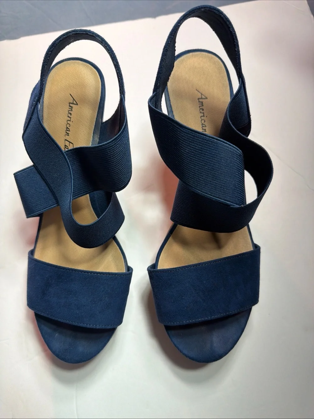American Eagle Outfitters Navy Wedge Sandals with Elastic Crossover Straps